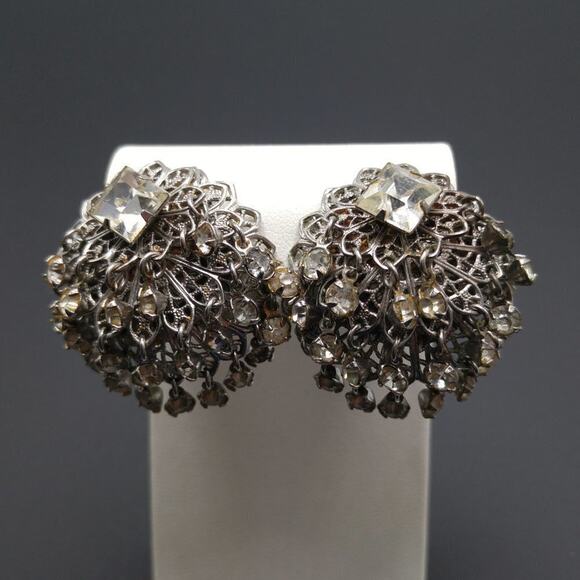 Vintage Waterfall Clip Earrings, Clear Rhinestones, Silver Tone Filigree Dangles - Picture 9 of 10